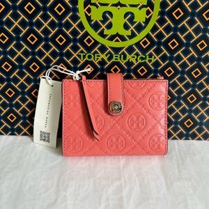 Tory Burch T Monogram Leather Bifold Wallet Coral Crush Gold Pink
